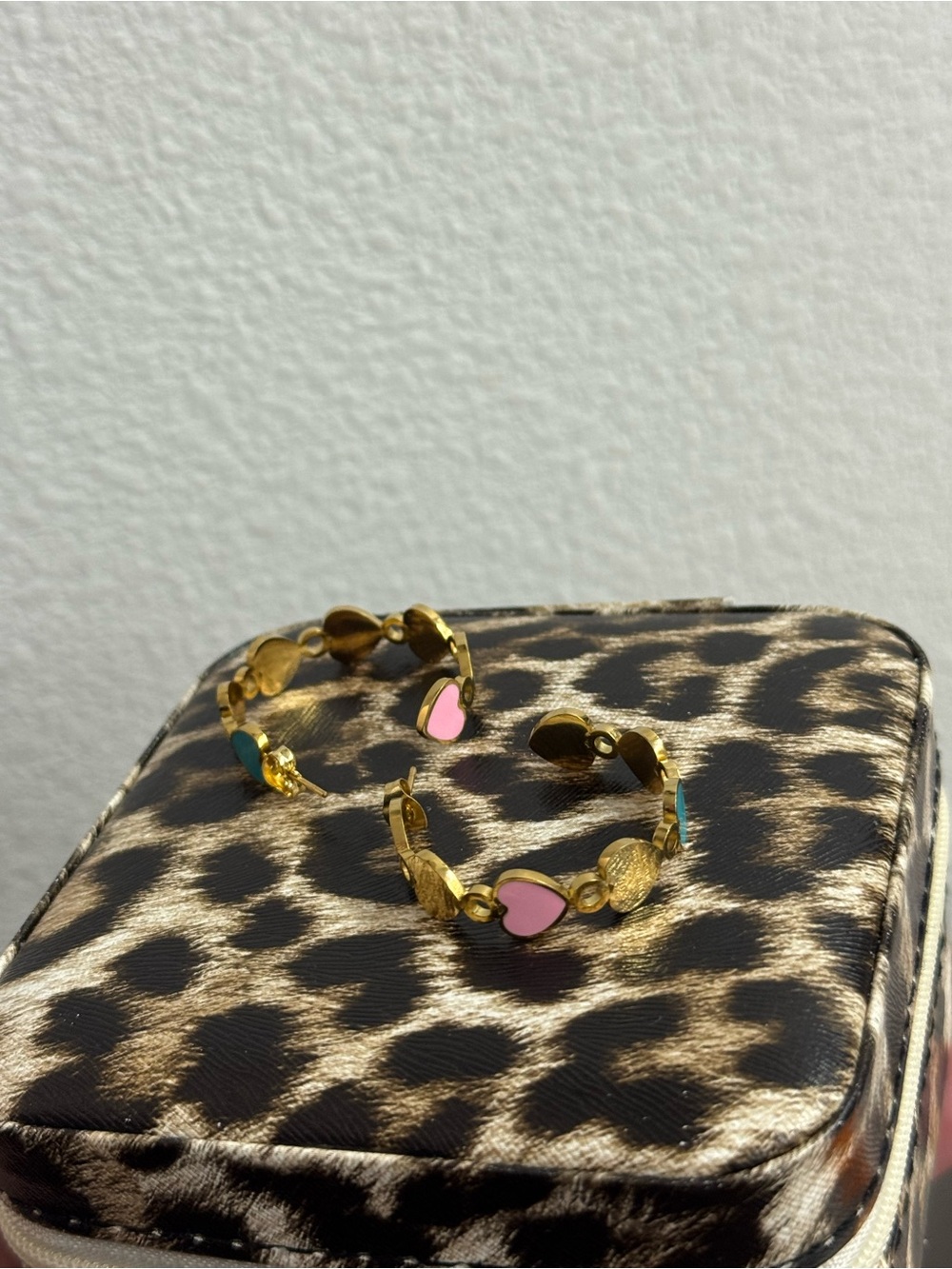 Gold-Plated Heart Hoop Earrings with Pink and Turquoise Accents
